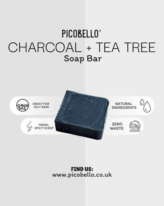 Our Charcoal & Tea Tree Soap Bar is perfect for oily skin, with activated charcoal to draw out impurities and tea tree bringing its natural antiseptic properties.

Plus, its crisp, fresh scent and deep matte black colour make it a standout in every way! 🖤